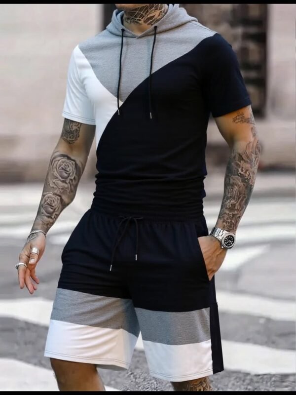 Men’s Spring/Summer Casual Sports Hoodie & Shorts Set – Short Sleeve, Three-Color Contrast, Outdoor Activewear - Image 11