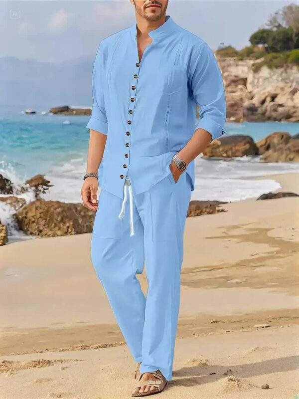 Spring and Autumn Men's Cotton Cuban Style Casual Suit, Fashionable Beach Two-Piece Set - Image 10