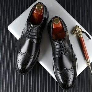 JIT2025 Men’s Black Brogue Oxford – Versatile Lace-Up Dress Shoes