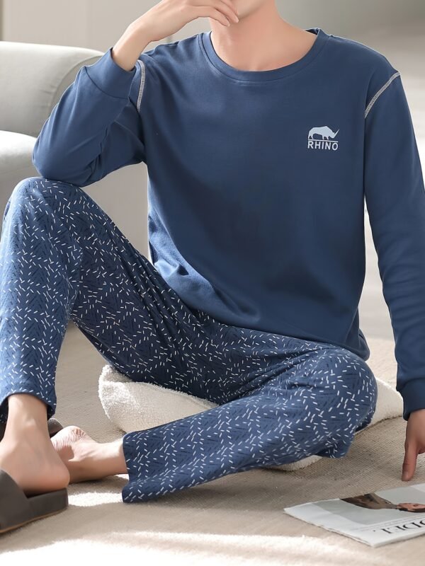 Men's Cotton Long Sleeve Pajamas Set Spring Autumn Winter, Loungewear Set, Men's Loose Fit Clothes, Crew Neck Shirts & Pants - Image 4