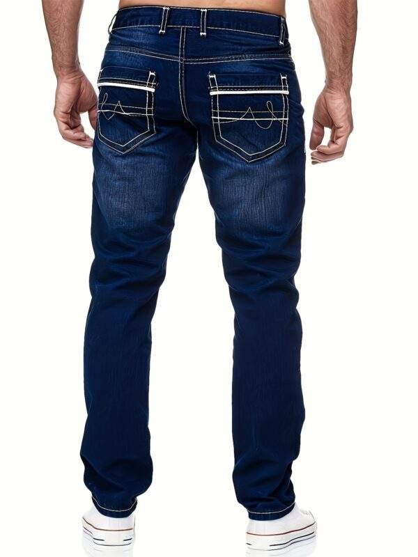Men’s Slim-Fit Embroidered Pocket Jeans – Dark Blue Stretch Denim with White Stitching, Casual, Machine Washable, All-Season Versatile - Image 5