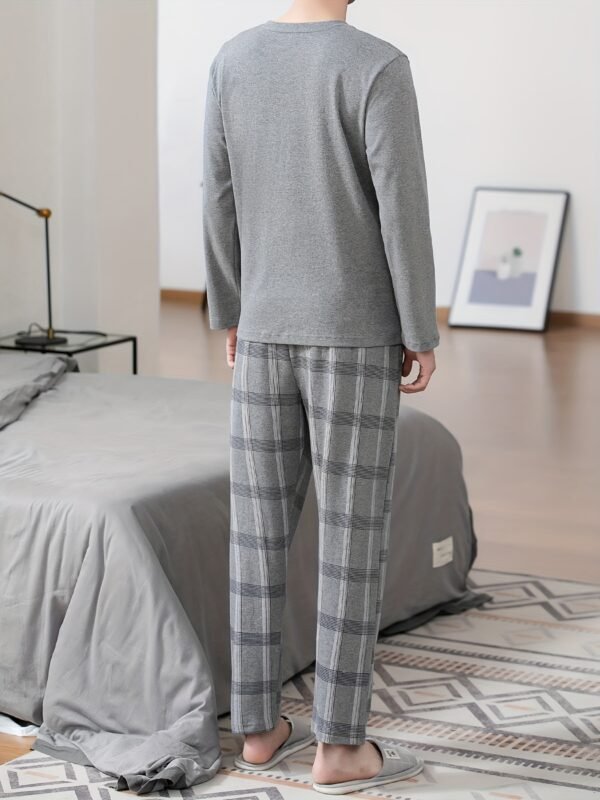 Men's Simple Style Casual Cotton Pajamas Sets, Solid Long Sleeve With Chest Pocket Crew Neck Top & Loose Checkered Pants Lounge Wear, Outdoor Sets For Spring Autumn - Image 6