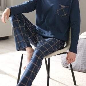 Men's Simple Style Cotton Casual Pajamas Thin Sets, Solid Long Sleeve Crew Neck With Chest Pocket Top & Loose Checkered Pants Lounge Wear, Outdoor Sets For Spring Autumn