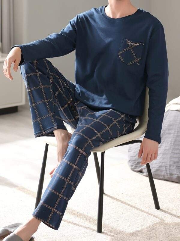 Men's Simple Style Cotton Casual Pajamas Thin Sets, Solid Long Sleeve Crew Neck With Chest Pocket Top & Loose Checkered Pants Lounge Wear, Outdoor Sets For Spring Autumn