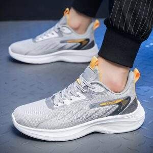 Men's Plus Size Breathable Lightweight Running Shoes - All-Season Casual Sneakers with Geometric/Yellow Stripe Design, Fabric Upper & MD Sole for Outdoor Activities, Modern Athletic Footwear, Comfortable EVA Insole, Geometric Design, Durable Construction, Fitness Enthusiasts
