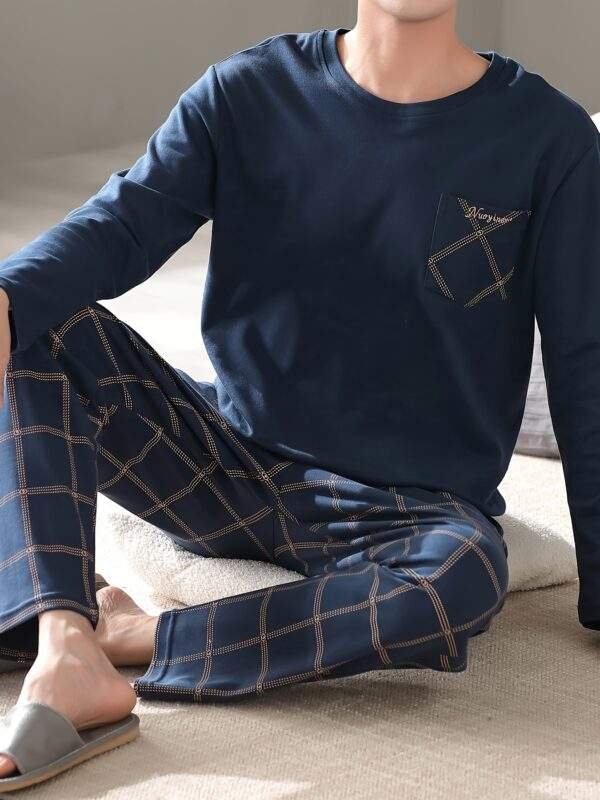 Men's Simple Style Cotton Casual Pajamas Thin Sets, Solid Long Sleeve Crew Neck With Chest Pocket Top & Loose Checkered Pants Lounge Wear, Outdoor Sets For Spring Autumn - Image 3