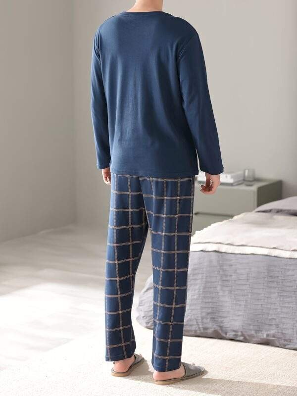 Men's Simple Style Cotton Casual Pajamas Thin Sets, Solid Long Sleeve Crew Neck With Chest Pocket Top & Loose Checkered Pants Lounge Wear, Outdoor Sets For Spring Autumn - Image 6