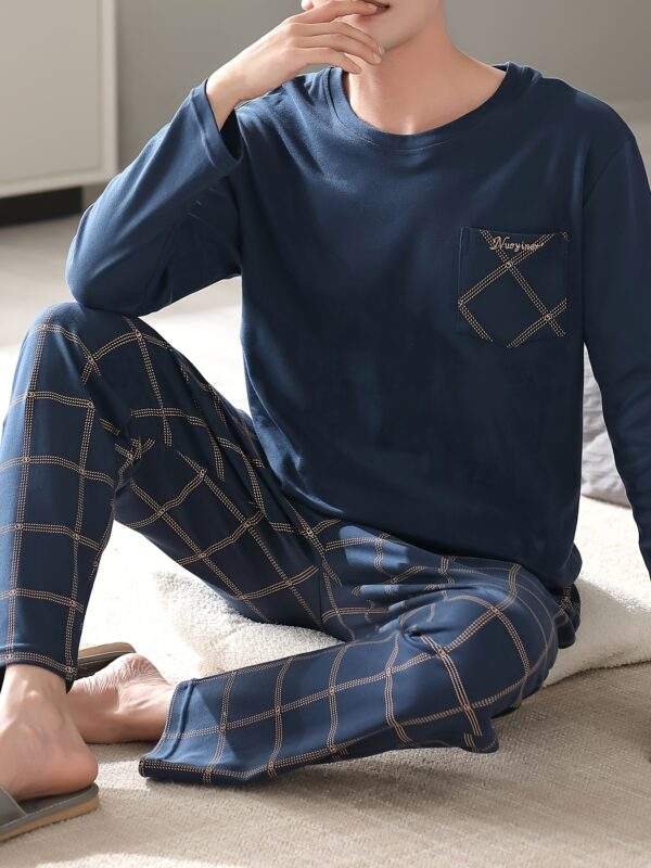 Men's Simple Style Cotton Casual Pajamas Thin Sets, Solid Long Sleeve Crew Neck With Chest Pocket Top & Loose Checkered Pants Lounge Wear, Outdoor Sets For Spring Autumn - Image 4