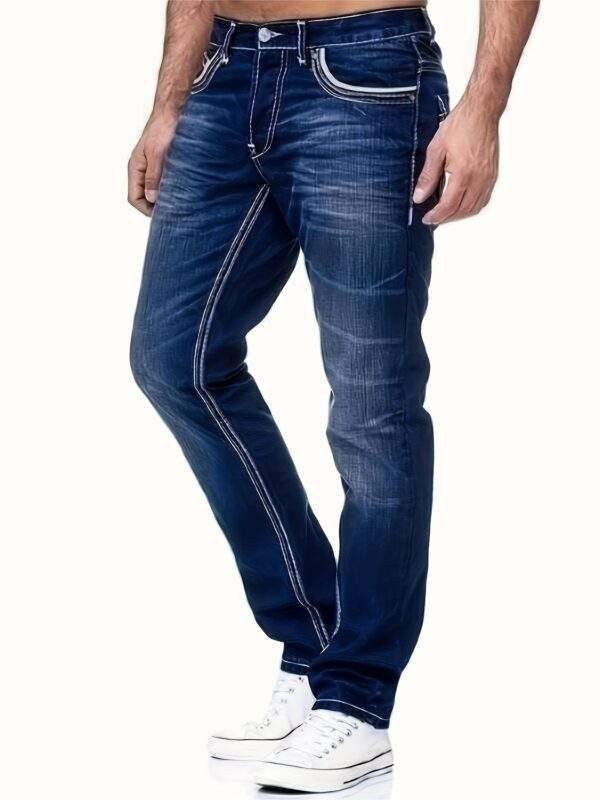 Men’s Slim-Fit Embroidered Pocket Jeans – Dark Blue Stretch Denim with White Stitching, Casual, Machine Washable, All-Season Versatile - Image 9