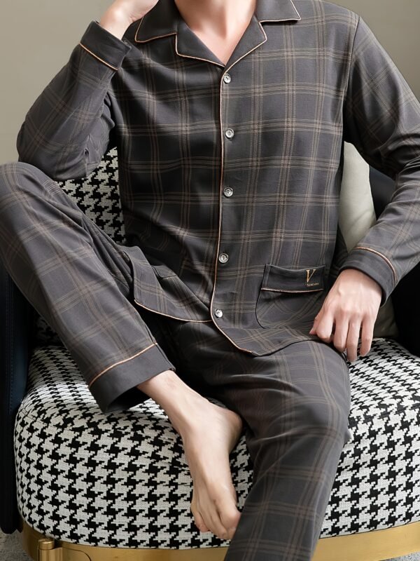 2 Pcs Men's Cotton Pajama Sets, Slight Stretch Long Sleeve Shirt & Pants, Fashion Design With Casual Brown Plaid, Comfortable & Gentle Style Pajamas For Men's Spring/Fall Cozy Loungewear - Image 2