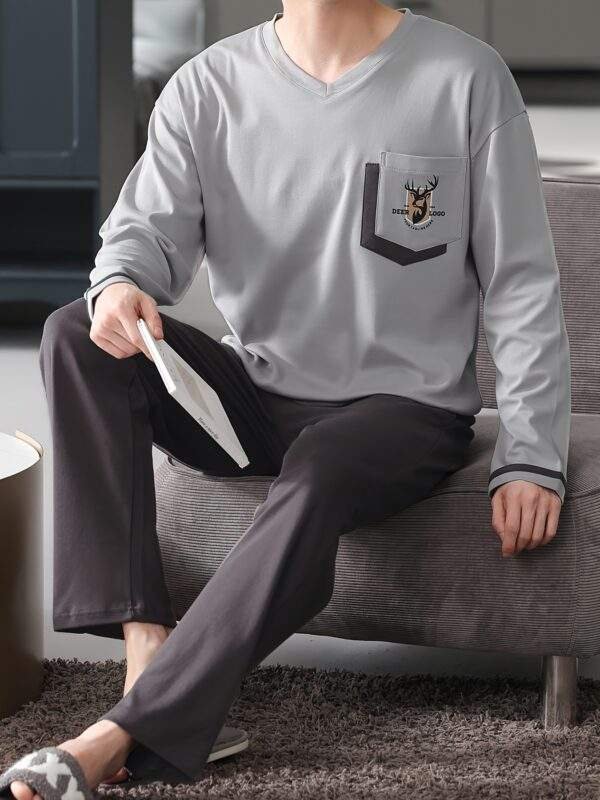 Men's Pure Cotton Long Sleeve Pajamas Spring/Autumn Thin Style Youth Home Wear Set Loose Fit for Autumn/Winter - Image 3