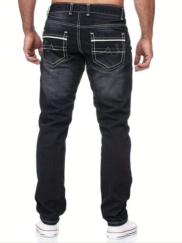 Men’s Slim-Fit Embroidered Pocket Jeans – Dark Blue Stretch Denim with White Stitching, Casual, Machine Washable, All-Season Versatile - Image 6