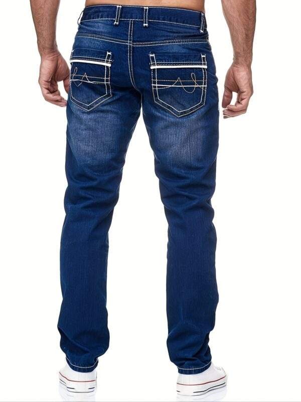 Men’s Slim-Fit Embroidered Pocket Jeans – Dark Blue Stretch Denim with White Stitching, Casual, Machine Washable, All-Season Versatile - Image 7
