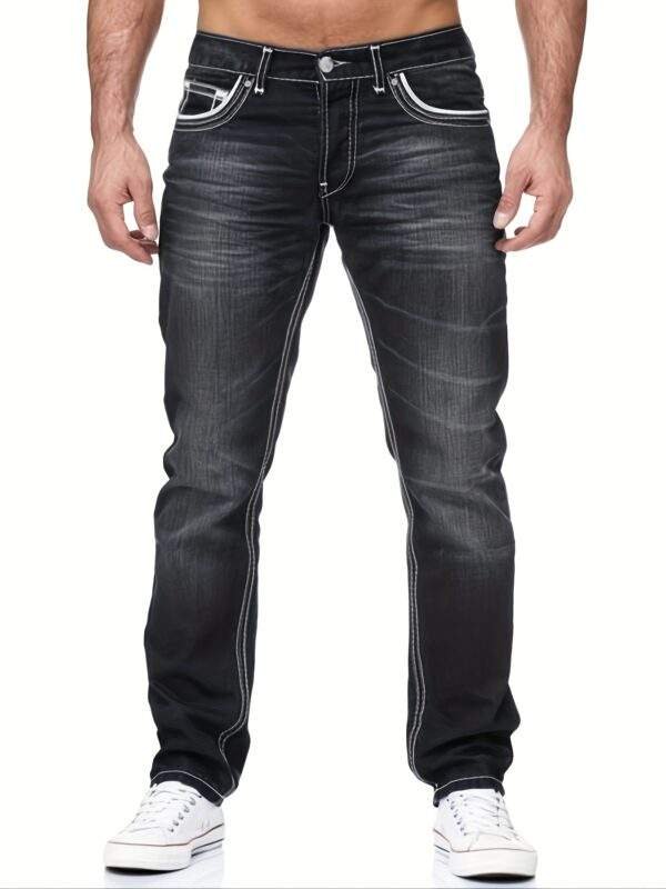Men’s Slim-Fit Embroidered Pocket Jeans – Dark Blue Stretch Denim with White Stitching, Casual, Machine Washable, All-Season Versatile - Image 2