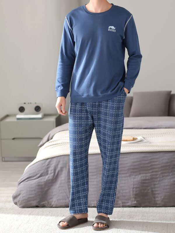 Men's Cotton Long Sleeve Pajamas Set Spring Autumn Winter, Loungewear Set, Men's Loose Fit Clothes, Crew Neck Shirts & Pants - Image 3