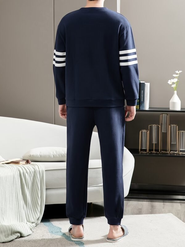 Men's Simple Style Casual Cotton Pajamas Sets, Letter Graphic Print Long Sleeve Crew Neck With Chest Pocket Top & Loose Pants Lounge Wear, Outdoor Sets For Spring Autumn - Image 2