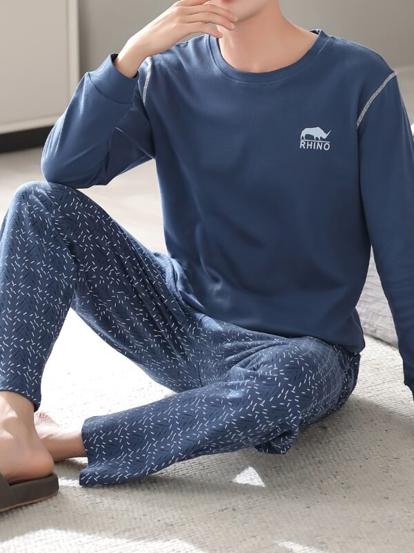 Men's Cotton Long Sleeve Pajamas Set Spring Autumn Winter, Loungewear Set, Men's Loose Fit Clothes, Crew Neck Shirts & Pants - Image 5