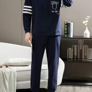 Men's Simple Style Casual Cotton Pajamas Sets, Letter Graphic Print Long Sleeve Crew Neck With Chest Pocket Top & Loose Pants Lounge Wear, Outdoor Sets For Spring Autumn