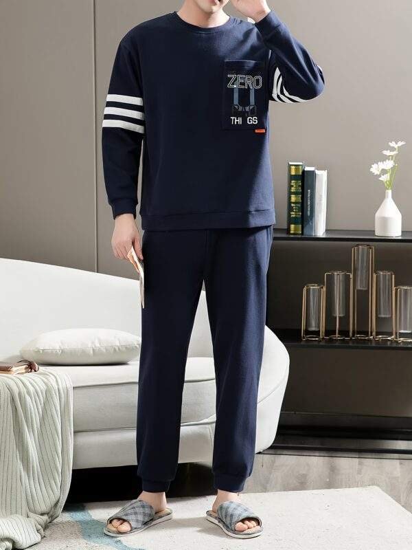 Men's Simple Style Casual Cotton Pajamas Sets, Letter Graphic Print Long Sleeve Crew Neck With Chest Pocket Top & Loose Pants Lounge Wear, Outdoor Sets For Spring Autumn