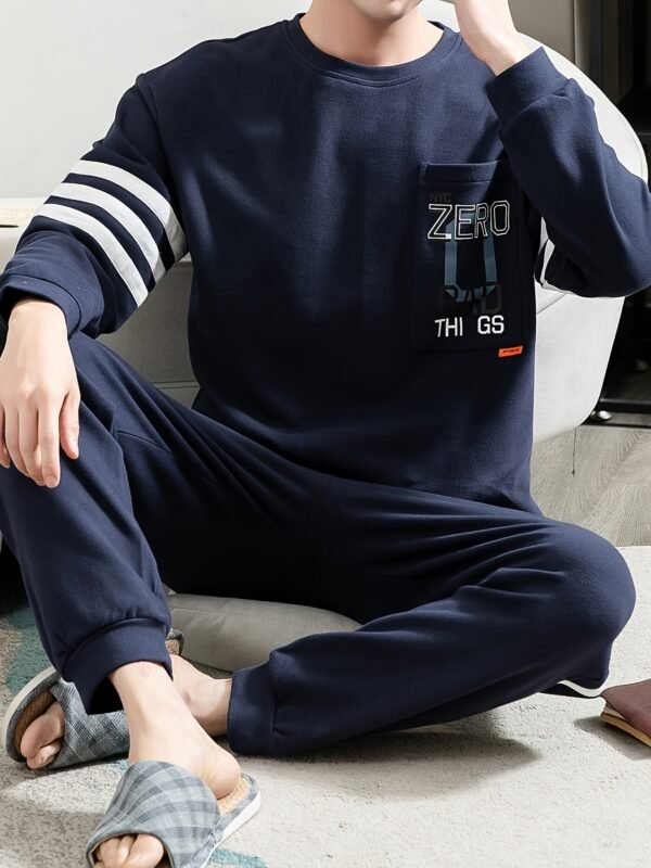 Men's Simple Style Casual Cotton Pajamas Sets, Letter Graphic Print Long Sleeve Crew Neck With Chest Pocket Top & Loose Pants Lounge Wear, Outdoor Sets For Spring Autumn - Image 5