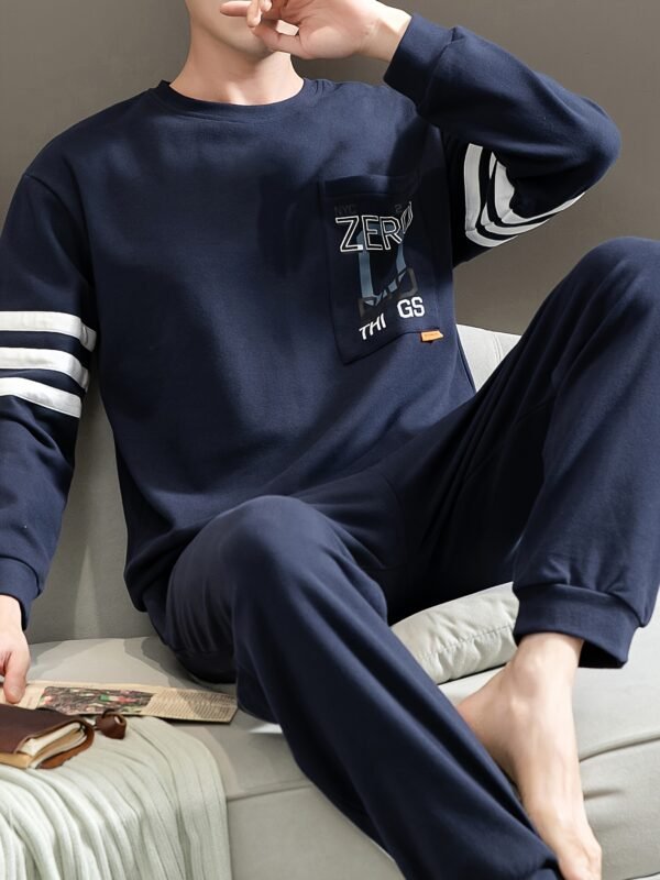 Men's Simple Style Casual Cotton Pajamas Sets, Letter Graphic Print Long Sleeve Crew Neck With Chest Pocket Top & Loose Pants Lounge Wear, Outdoor Sets For Spring Autumn - Image 6
