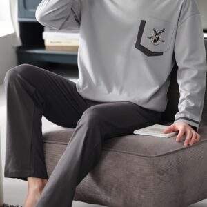 Men's Pure Cotton Long Sleeve Pajamas Spring/Autumn Thin Style Youth Home Wear Set Loose Fit for Autumn/Winter
