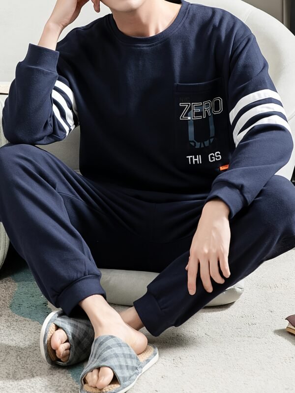 Men's Simple Style Casual Cotton Pajamas Sets, Letter Graphic Print Long Sleeve Crew Neck With Chest Pocket Top & Loose Pants Lounge Wear, Outdoor Sets For Spring Autumn - Image 3