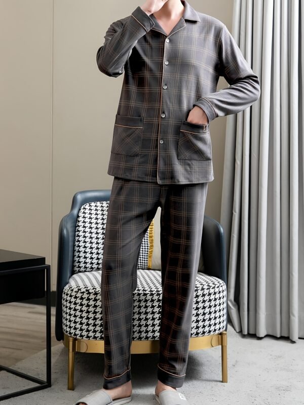2 Pcs Men's Cotton Pajama Sets, Slight Stretch Long Sleeve Shirt & Pants, Fashion Design With Casual Brown Plaid, Comfortable & Gentle Style Pajamas For Men's Spring/Fall Cozy Loungewear - Image 5