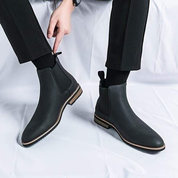 Men's Sleek Black Chelsea Boots - Slip-On Ankle Boots with Round Toe, Versatile for All Seasons, Durable Rubber Sole - Image 9