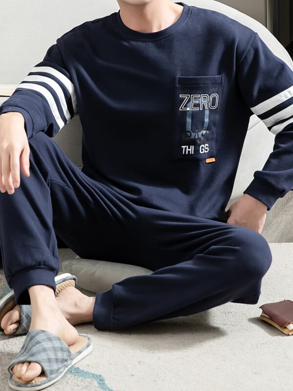 Men's Simple Style Casual Cotton Pajamas Sets, Letter Graphic Print Long Sleeve Crew Neck With Chest Pocket Top & Loose Pants Lounge Wear, Outdoor Sets For Spring Autumn - Image 4