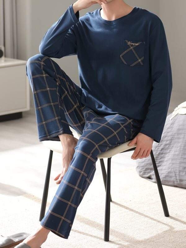 Men's Simple Style Cotton Casual Pajamas Thin Sets, Solid Long Sleeve Crew Neck With Chest Pocket Top & Loose Checkered Pants Lounge Wear, Outdoor Sets For Spring Autumn - Image 2