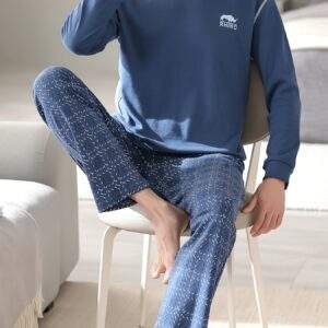 Men's Cotton Long Sleeve Pajamas Set Spring Autumn Winter, Loungewear Set, Men's Loose Fit Clothes, Crew Neck Shirts & Pants