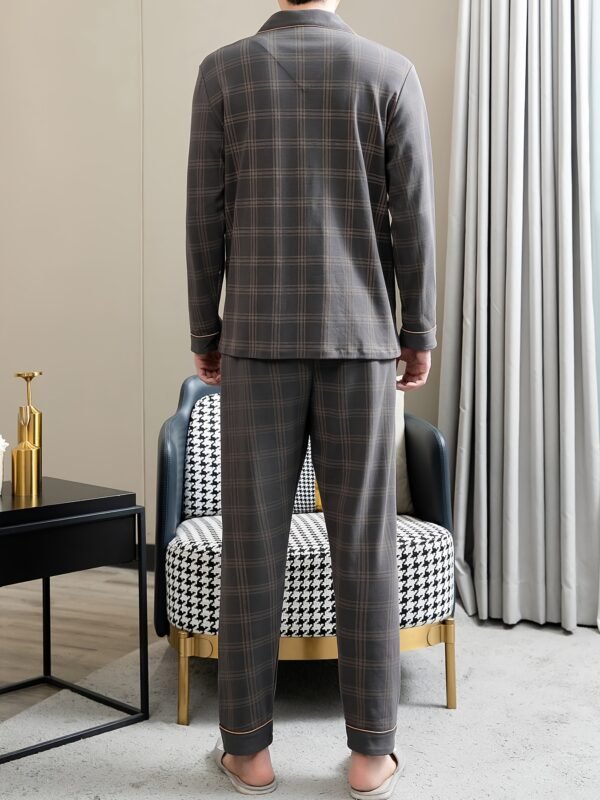 2 Pcs Men's Cotton Pajama Sets, Slight Stretch Long Sleeve Shirt & Pants, Fashion Design With Casual Brown Plaid, Comfortable & Gentle Style Pajamas For Men's Spring/Fall Cozy Loungewear - Image 6