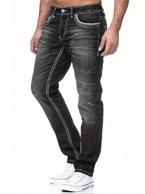 Men’s Slim-Fit Embroidered Pocket Jeans – Dark Blue Stretch Denim with White Stitching, Casual, Machine Washable, All-Season Versatile - Image 10