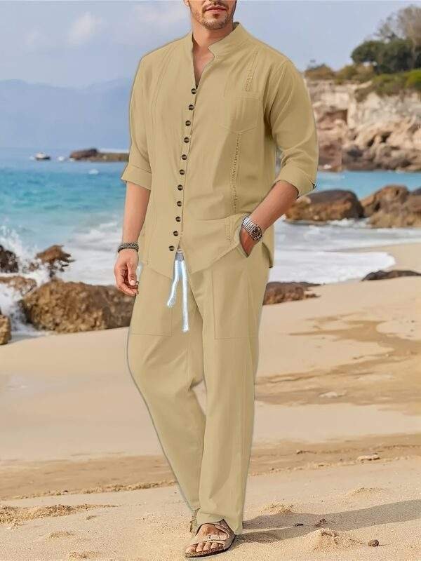 Spring and Autumn Men's Cotton Cuban Style Casual Suit, Fashionable Beach Two-Piece Set - Image 5