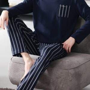 Men's Navy Blue Cotton Pajama Set - Long Sleeve, Crew Neck with Chest Pocket & Striped Elastic Waist Pants, Casual Comfortable Loungewear for Spring/Autumn, Plus Size Available, Plus Size Pajama Set