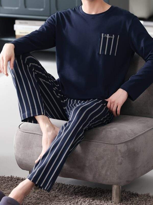 Men's Navy Blue Cotton Pajama Set - Long Sleeve, Crew Neck with Chest Pocket & Striped Elastic Waist Pants, Casual Comfortable Loungewear for Spring/Autumn, Plus Size Available, Plus Size Pajama Set