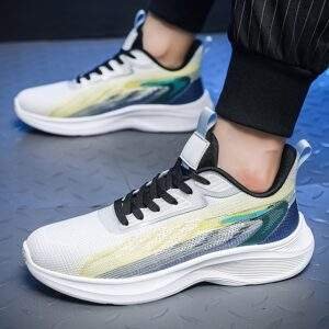 Men’s Lightweight Breathable Running Shoes – Slip-Resistant EVA Sole, Geometric Color-Block Design, Low-Top Casual Sneakers (White/Green/Yellow)