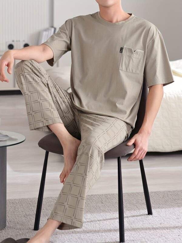 Men'S Casual Summer Cotton Pajama Set - Light Gray, Short Sleeve, Crew Neck, Pocketed, Stretchy Fabric, Regular Fit, No Belt, Home & Outdoor Wear, Relaxed Fit Pajamas | Casual Style | Cotton Fabric - Image 9