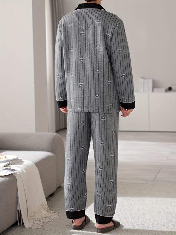 Men'S Casual Cotton Pajama Set with Lapel Collar, Geometric-Pattern, Long Sleeve, Loose Fit, Slight Stretch, Knit Fabric, Winter Warm Thickened, Triple-Layer Cotton Lined Sleepwear with Pockets - Image 6