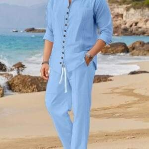 Spring and Autumn Men's Cotton Cuban Style Casual Suit, Fashionable Beach Two-Piece Set