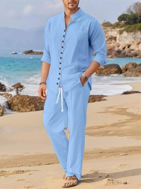 Spring and Autumn Men's Cotton Cuban Style Casual Suit, Fashionable Beach Two-Piece Set