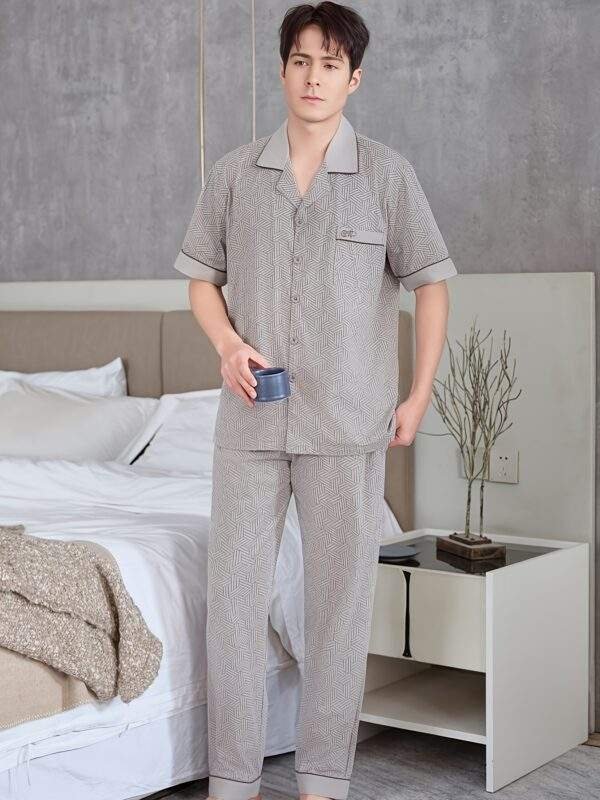 Men'S 100% Cotton Geometric Print Pajama Set - Soft, Comfortable, Breathable Short Sleeve Sleepwear for Spring & Summer, Ideal Gift, Breathable Clothing | Modern Casual Wear | Glossy Finish - Image 3