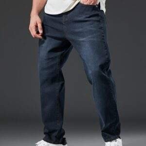 Plus Size Men’s Stretch Slim Straight-Leg Jeans – Water-Washed, Machine-Washable Denim, Solid Color, Casual & Formal, Autumn/Winter, Comfortable Fit