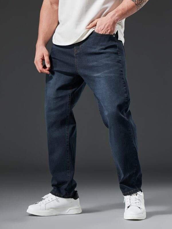 Plus Size Men’s Stretch Slim Straight-Leg Jeans – Water-Washed, Machine-Washable Denim, Solid Color, Casual & Formal, Autumn/Winter, Comfortable Fit