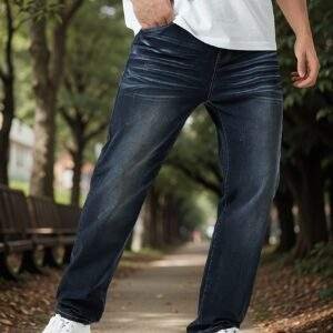 Men’s Plus Size Casual Denim Jeans – High Stretch, Solid Color, Long Length, Regular Fit, All-Season