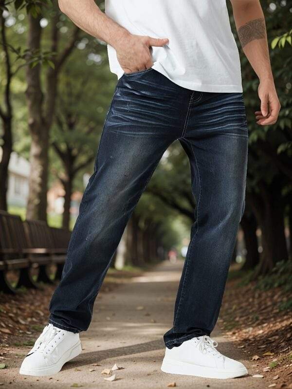 Men’s Plus Size Casual Denim Jeans – High Stretch, Solid Color, Long Length, Regular Fit, All-Season