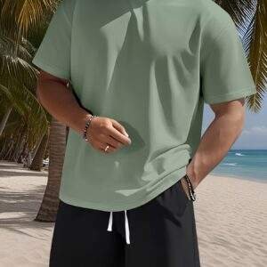Men's Set – Solid Color Crew Neck Knit T-Shirt & Drawstring Cotton Shorts, Slight Stretch Fabric, Comfortable & Breathable, Ideal for Spring/Summer Outdoor Leisure and Sports, Lightweight and Easygoing
