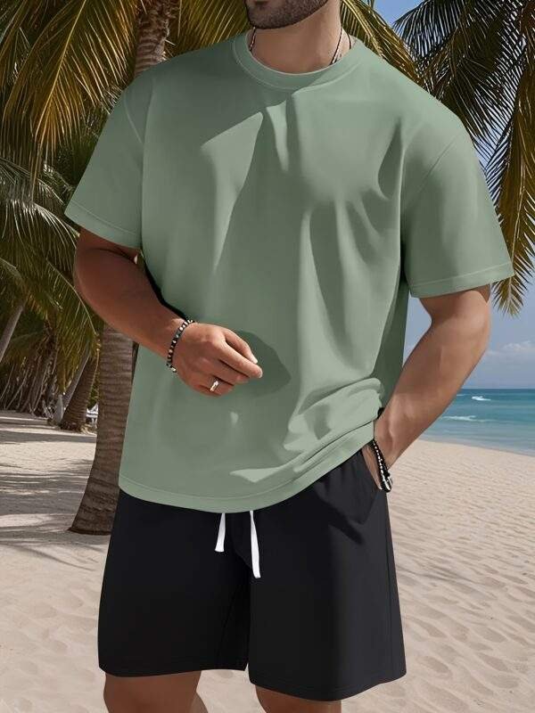 Men's Set – Solid Color Crew Neck Knit T-Shirt & Drawstring Cotton Shorts, Slight Stretch Fabric, Comfortable & Breathable, Ideal for Spring/Summer Outdoor Leisure and Sports, Lightweight and Easygoing