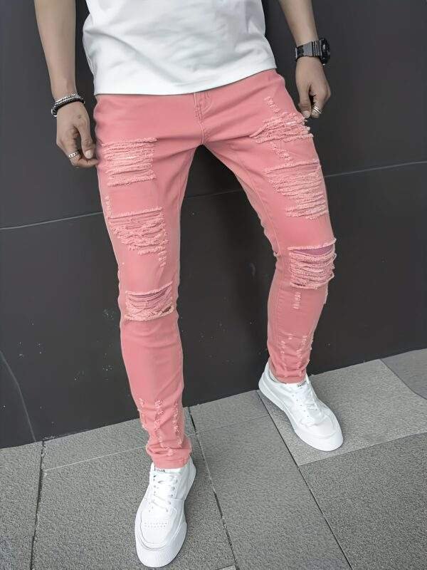 Plus Size Men’s Ripped Solid Denim Trousers – Slim Fit Cotton Blend Jeans with Pockets for Outdoor Activities - Image 7